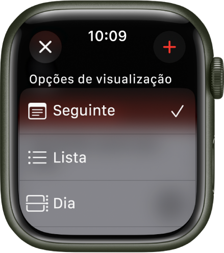 Ecrã do Calendário a mostrar “Ver opções”: “Seguinte”, “Lista” e “Dia”. O botão “Adicionar” encontra-se na parte superior direita.
