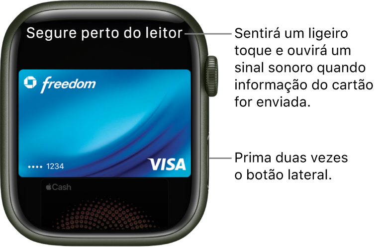 O ecrã do Apple Pay com “Segure perto do leitor” na parte superior; sentirá um toque suave e ouvirá um sinal sonoro quando a informação do cartão é enviada.