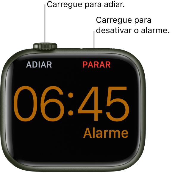 Um Apple Watch colocado de lado, no ecrã um despertador a tocar. Por baixo da Digital Crown está a palavra Adiar. A palavra “Parar” está por baixo do botão lateral.