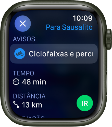 A aplicação Mapas com detalhes de um percurso de bicicleta. Os avisos sobre a rota são apresentados junto à parte superior, e a hora e a distância até ao destino são apresentadas por baixo disso. O botão “Ir” encontra-se na parte inferior direita.