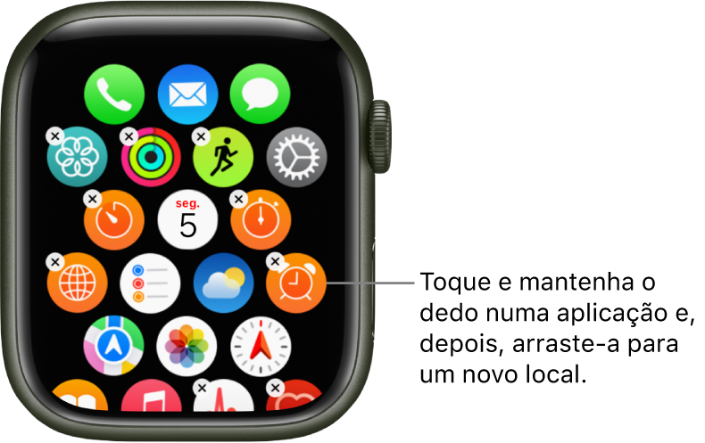 O ecrã principal do Apple Watch na vista em grelha.