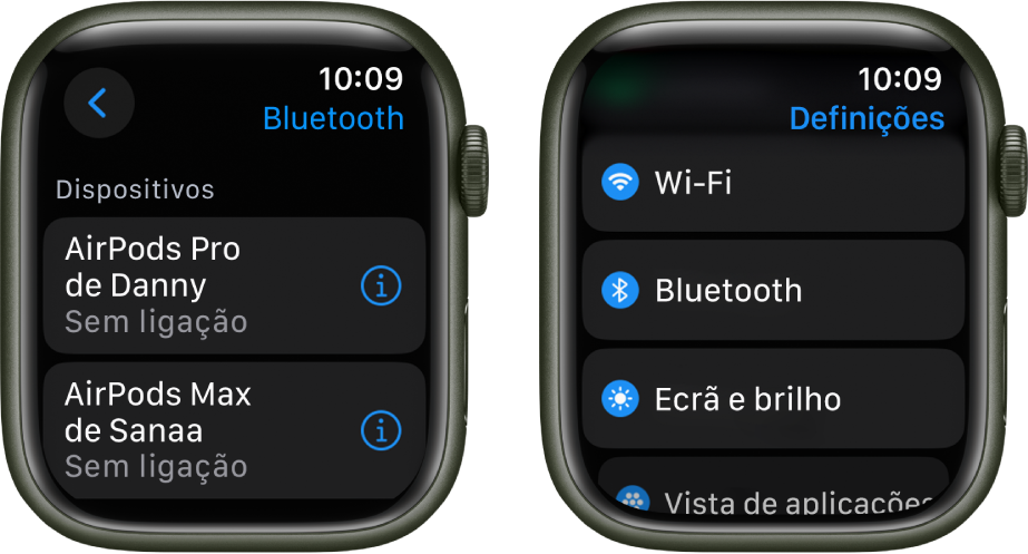 Dois ecrãs lado a lado. O ecrã da esquerda apresenta dois dispositivos Bluetooth disponíveis: AirPods Pro e AirPods Max, nenhum dos dois está ligado. À direita está o ecrã Definições com os botões Wi‑Fi, Bluetooth, Ecrã e brilho e Vista de aplicações numa lista.