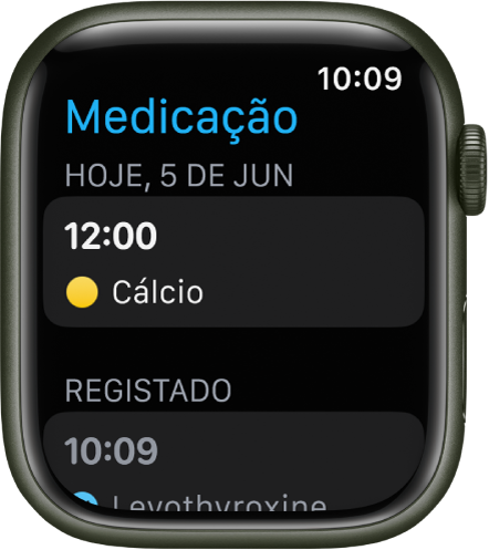 A aplicação Medicamentos a mostrar os medicamentos agendados e registados.