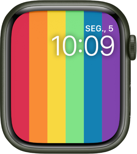 O mostrador Pride digital com faixas verticais de arco-íris com a data e a hora no canto superior direito.