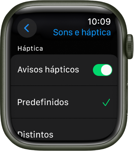 Definições de Sons e háptica no Apple Watch com o manípulo Avisos de háptica e as opções Predefinidos e Distintos por baixo.