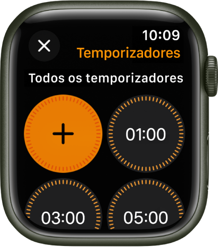 O ecrã da aplicação Temporizador com o botão de adicionar para criar um novo temporizador, e temporizadores rápidos para 1, 3 ou 5 minutos.