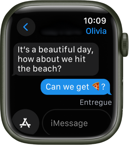 Uma conversa de mensagens. O botão “Aplicação” e o campo de mensagem são apresentados na parte inferior.