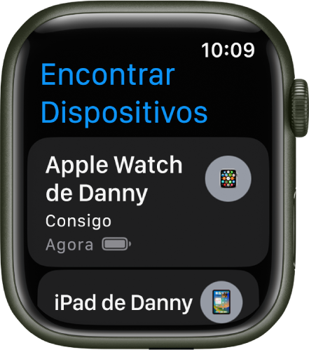 A aplicação Encontrar Dispositivos a mostrar dois dispositivos: um Apple Watch e um iPad.
