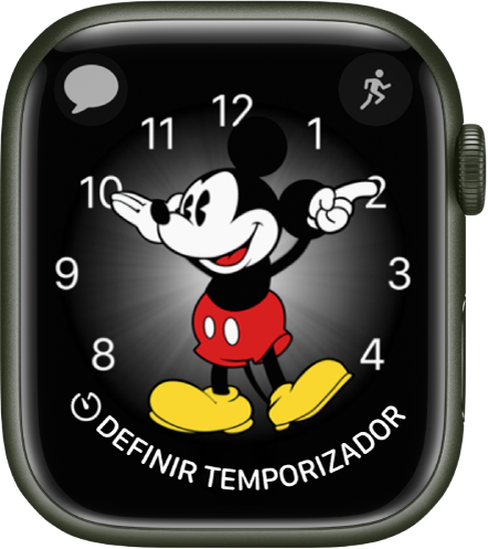 O mostrador Mickey Mouse onde é possível adicionar muitas complicações: Mostra três complicações: “Mensagens” encontra-se no canto superior esquerdo, “Treino” no canto superior direito e “Temporizador” na parte inferior.