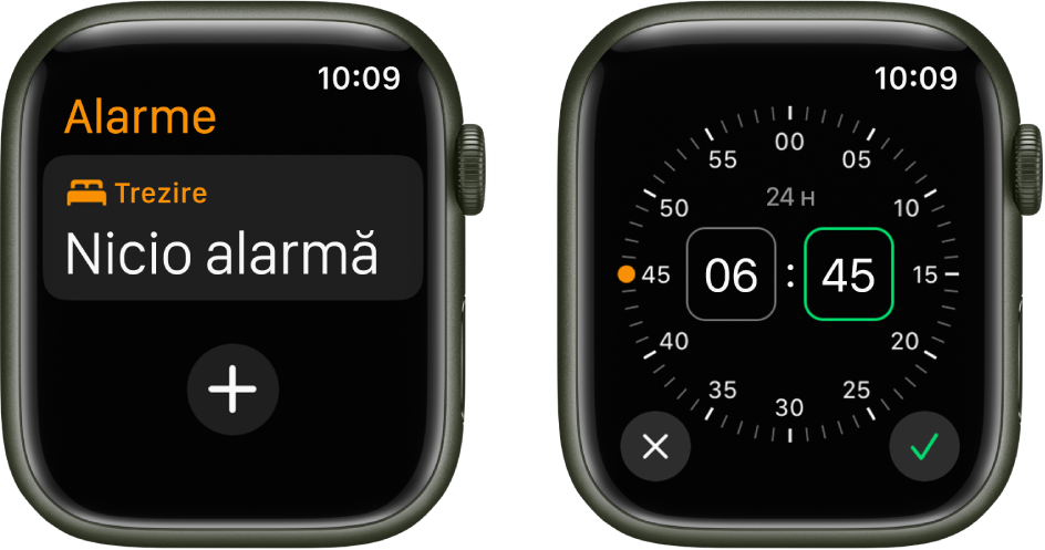 Două ecrane de ceas prezentând procesul de adăugare a unei alarme: Apăsați pe Adăugați o alarmă, apăsați A.M. sau P.M., întoarceți coroana Digital Crown pentru a ajusta ora, apoi apăsați pe butonul bifă.