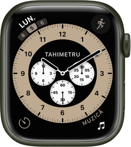 Cadranul de ceas Cronograf, unde puteți ajusta culoarea cadranului și detaliile cadranului circular gradat. Acesta prezintă patru complicații: Calendar în stânga sus, Exerciții în dreapta sus, Temporizatoare în stânga jos și Muzică în dreapta jos.