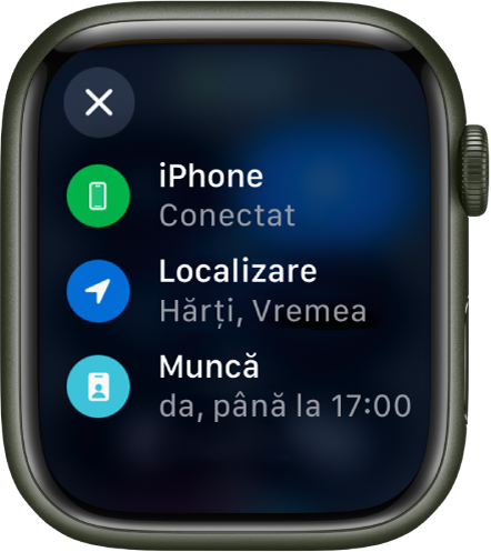 Starea centrului de control prezentând iPhone‑ul conectat, localizarea în curs de utilizare de către aplicațiile Hărți și Vremea și modul de concentrare Muncă activat până la 17:00.