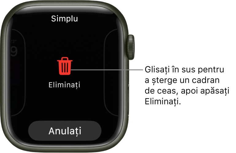 Ecranul Apple Watch prezentând butoanele Eliminați și Anulați, care apar după ce glisați spre un cadran de ceas, apoi glisați în sus pe el pentru a-l șterge.