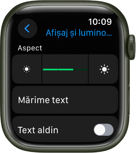 Configurările de afișaj și luminozitate de pe Apple Watch, cu glisorul Luminozitate în partea de sus și dedesubt butonul Mărime text.