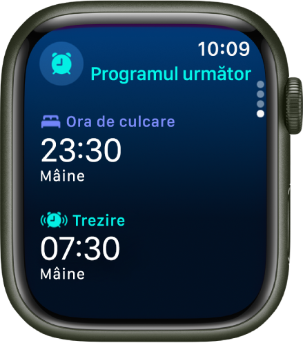 Aplicația Somn de pe Apple Watch prezentând programul de somn al serii. Ora de culcare apare în partea de sus și ora pentru Trezire este dedesubt.