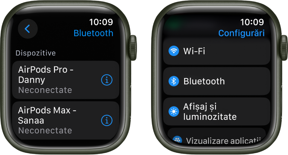 Două ecrane unul lângă celălalt. În stânga se află un ecran care listează două dispozitive Bluetooth disponibile: AirPods Pro și AirPods Max, niciunul dintre acestea nefiind conectat. În partea dreaptă se află ecranul Configurări, afișând butoanele Wi-Fi, Bluetooth, Afișaj și luminozitate și Vizualizare aplicații sub formă de listă.