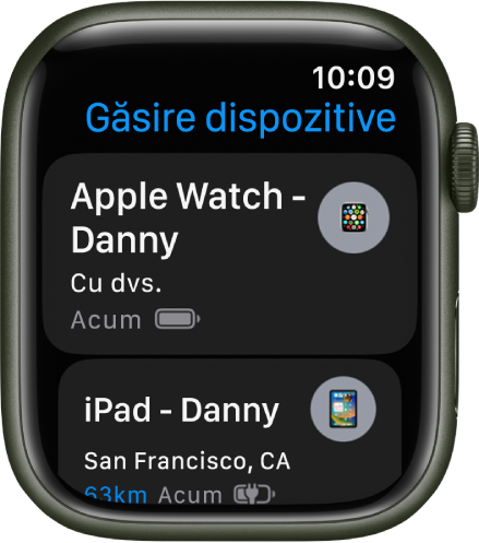 Aplicația Găsire dispozitive afișând două dispozitive: un Apple Watch și un iPad.