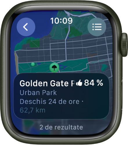 Aplicația Hărți afișând o hartă a parcului Golden Gate din San Francisco împreună cu o evaluare a parcului, programul de funcționare și distanța față de localizarea curentă. Un buton Rute apare în dreapta sus. Un buton Înapoi este în stânga sus.