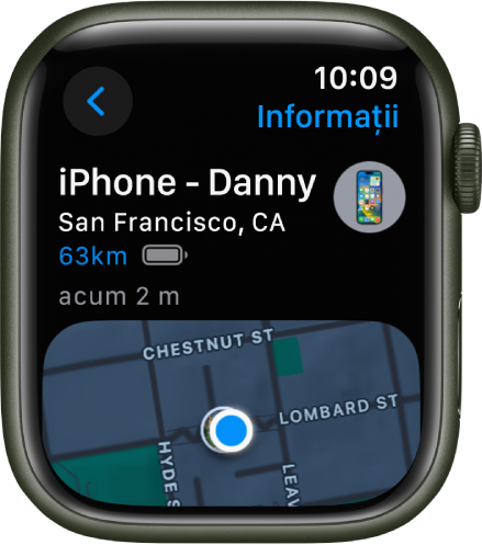 Aplicația Găsire dispozitive prezentând localizarea unui iPhone. Numele dispozitivului este în partea de sus, cu locul, distanța, starea de încărcare curentă a bateriei și ora la care dispozitivul a răspuns ultima dată, dedesubt. Partea inferioară a ecranului prezintă o hartă cu un punct care indică localizarea aproximativă a dispozitivului. Un buton Înapoi este în stânga sus.