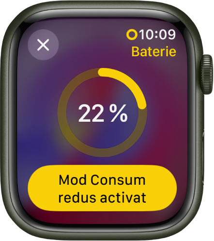 Ecranul Mod Consum redus cu un inel galben parțial care indică încărcarea rămasă. 22% este în mijlocul inelului. Butonul “Mod Consum redus activat” este în partea de jos. Un buton Închideți este în stânga sus.