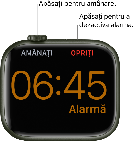 Un Apple Watch așezat pe muchie, pe ecran fiind afișată o alarmă care s-a declanșat. Sub coroana Digital Crown este cuvântul “Amânare”. Cuvântul “Stop" se află sub butonul lateral.