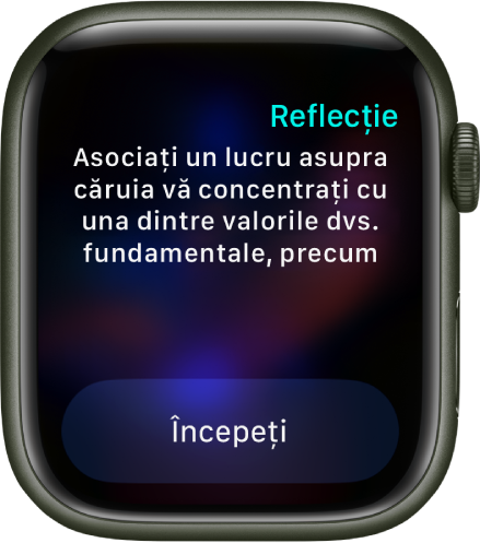 Aplicația Conștientizare afișează un gând asupra căruia puteți reflecta: “Asociați un lucru asupra căruia vă concentrați cu una dintre valorile dvs. fundamentale, precum bunătatea sau integritatea”. Butonul Începeți se află dedesubt.