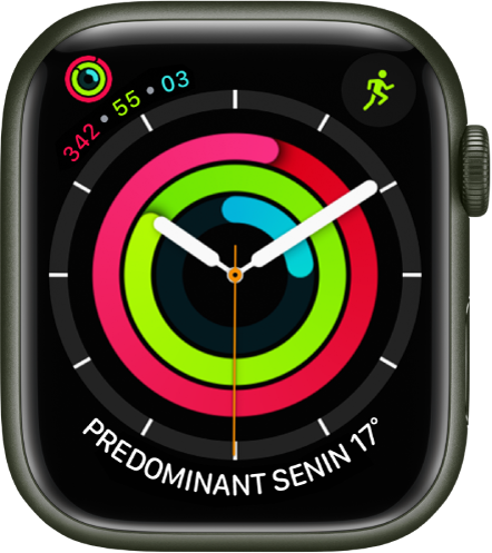 Cadranul de ceas Activitate analogic prezentând ora și progresul obiectivelor de mișcare, antrenament și stat în picioare. Mai sunt și trei complicații: Activitate în stânga sus, Exerciții în dreapta sus și Condiții meteo în partea de jos.