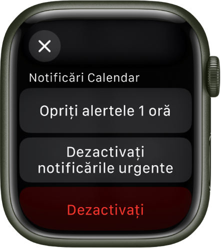 Configurările notificărilor pe Apple Watch. Pe butonul de sus scrie "Opriți alertele 1 oră”. Dedesubt se află butoanele Dezactivați notificările urgente și Dezactivați.