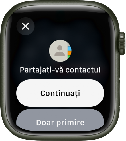 Ecranul NameDrop afișând două butoane: Continuați, care vă permite să primiți un contact și să îl partajați pe cel propriu, și Doar primire, pentru a primi doar informațiile de contact ale celeilalte persoane.