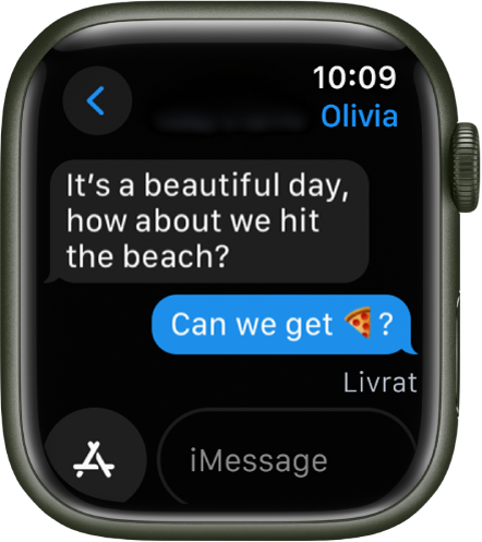 Apple Watch afișând o conversație în aplicația Mesaje.
