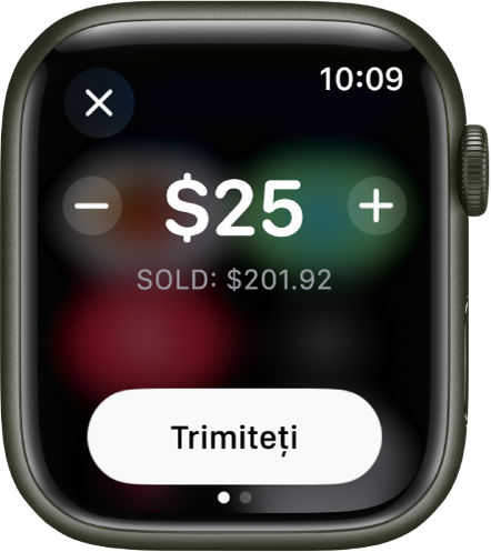 Un ecran Mesaje indicând pregătirea unei plăți Apple Cash. Suma în dolari este în partea de sus. Soldul curent se află dedesubt, iar butonul Trimiteți este în partea de jos.