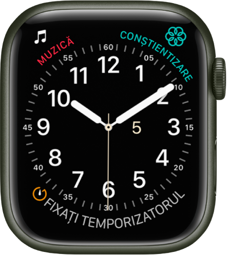 Cadranul de ceas Utilitar, unde puteți să schimbați culoarea secundarului și să ajustați numerotarea și detaliile ceasului. Apar trei complicații: Muzică în stânga sus, Conștientizare în dreapta sus și Temporizator în partea de jos.