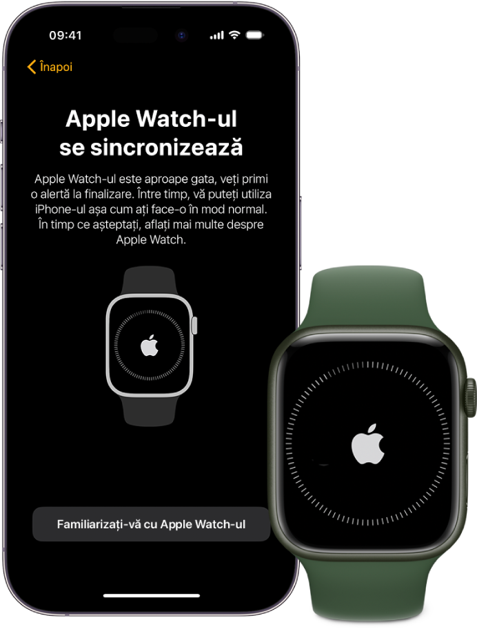 Un iPhone și un Apple Watch, unul lângă altul. Pe ecranul iPhone-ului scrie “Apple Watch-ul se sincronizează”. Apple Watch-ul prezintă progresul sincronizării.