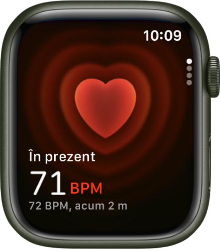 Aplicația Ritm cardiac, cu ritmul cardiac actual afișat în stânga jos și ultima măsurare cu scris mai mic sub acesta.