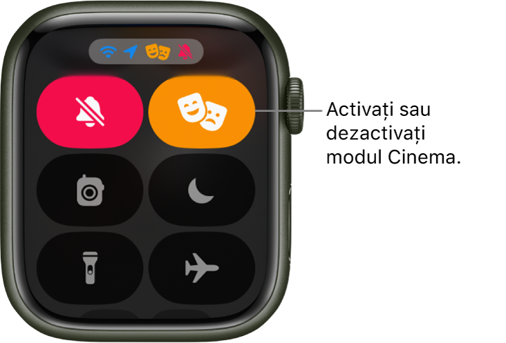 Centrul de control cu butonul mod Cinema și mod Silențios evidențiate pentru a indica faptul că modul Cinema este activat.