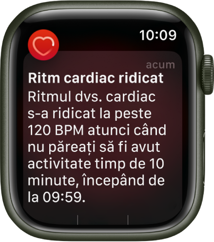 Un ecran Alertă de ritm cardiac, indicând faptul că a fost detectat un ritm cardiac ridicat.