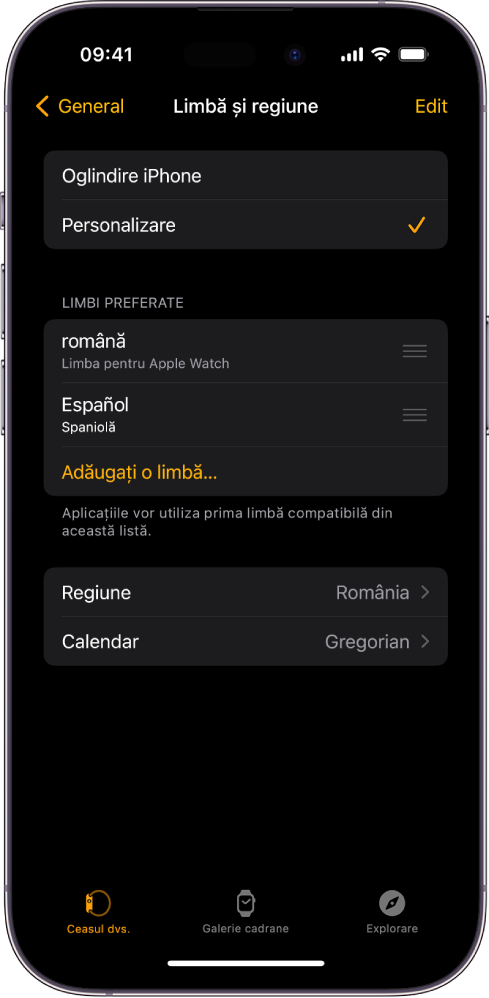 Ecranul Limbă și regiune din aplicația Apple Watch, cu opțiunile Engleză și Spaniolă afișate sub Limbi preferate.