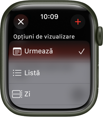 Ecranul Calendar prezentând opțiunile de vizualizare: Urmează, Listă și Zi. Butonul Adăugați este în colțul din dreapta sus.