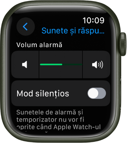 Configurările Sunete și răspuns haptic pe Apple Watch, cu glisorul Volum alarmă sus și comutatorul Mod silențios dedesubt.