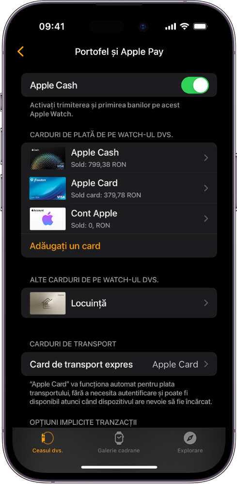 Ecranul Portofel și Apple Pay în aplicația Apple Watch de pe iPhone. Ecranul prezintă cardurile adăugate la Apple Watch și cardul pe care l‑ați ales pentru a fi utilizat pentru transport expres.