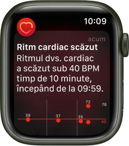 Ecranul Ritm cardiac scăzut afișând o notificare conform căreia ritmul dvs. cardiac a scăzut sub 40 BPM timp de 10 minute.