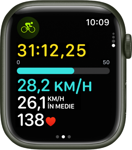Un exercițiu de pedalat în desfășurare, afișând timpul scurs din exercițiu, viteza, viteza medie și ritmul cardiac.