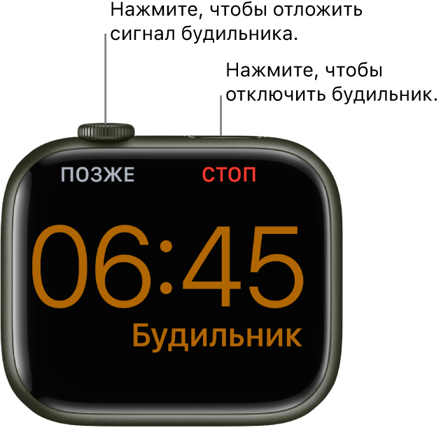 Часы Apple Watch, расположенные на боковой стороне. На экране показан играющий будильник. Под Digital Crown отображается слово «Позже». Под боковой кнопкой показано слово «Стоп».
