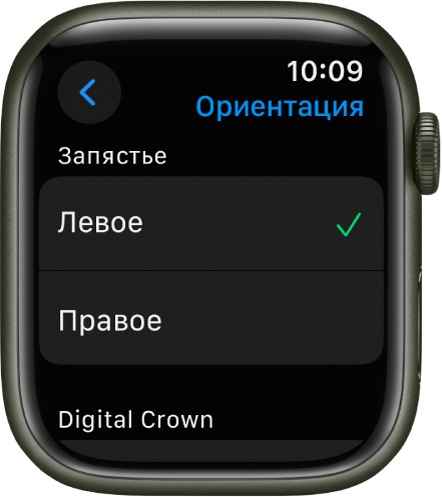 Экран «Ориентация» на Apple Watch. Вы можете выбрать запястье и нужную ориентацию колесика Digital Crown.