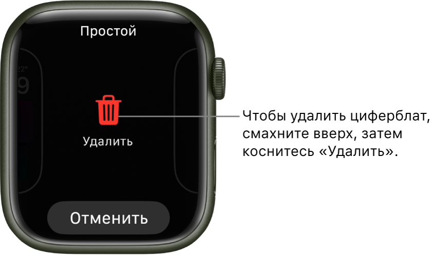 Экран Apple Watch с кнопками «Удалить» и «Отменить»: они отображаются, когда Вы смахиваете к циферблату, а затем смахиваете вверх для его удаления.