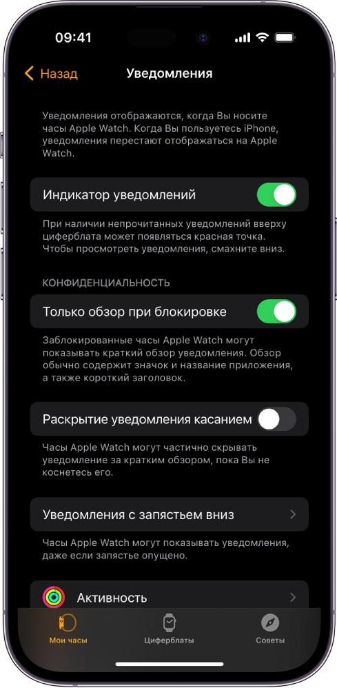 Экран «Уведомления» в приложении Apple Watch на iPhone, с приложениями, которые отправили уведомления.