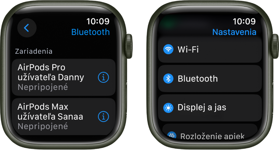 Dve obrazovky vedľa seba. Vľavo je obrazovka, na ktorej sú vypísané dve dostupné Bluetooth zariadenia: AirPody Pro a AirPody Max. Ani jedny z nich nie sú pripojené. Napravo je obrazovka Nastavenia so zoznamom, v ktorom sú tlačidlá Wi-Fi, Bluetooth, Displej a jas a Rozloženie apiek.