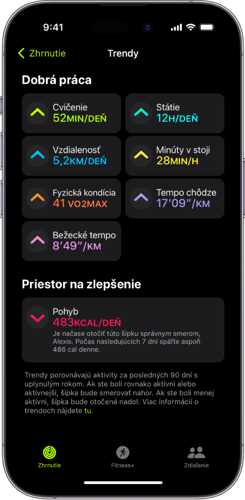 Karta Trendy v apke Aktivita na iPhone. V hornej časti obrazovky v časti Trendy sa zobrazia rôzne štatistiky. Sú to napríklad Tréning, Státie, Vzdialenosť a ďalšie. V časti Hodné pozornosti je položka Pohyb.
