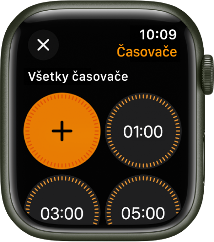 Obrazovka apky Časovač zobrazujúca tlačidlo Pridať na vytvorenie nového časovača a rýchle časovače na 1, 3 alebo 5 minút.