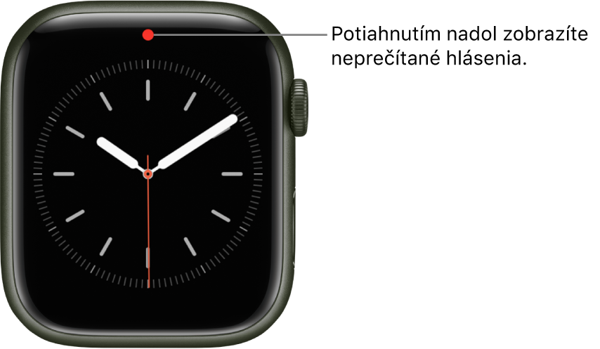 Červená bodka sa zobrazí v hornej časti ciferníka hodiniek, keď máte neprečítané hlásenie.